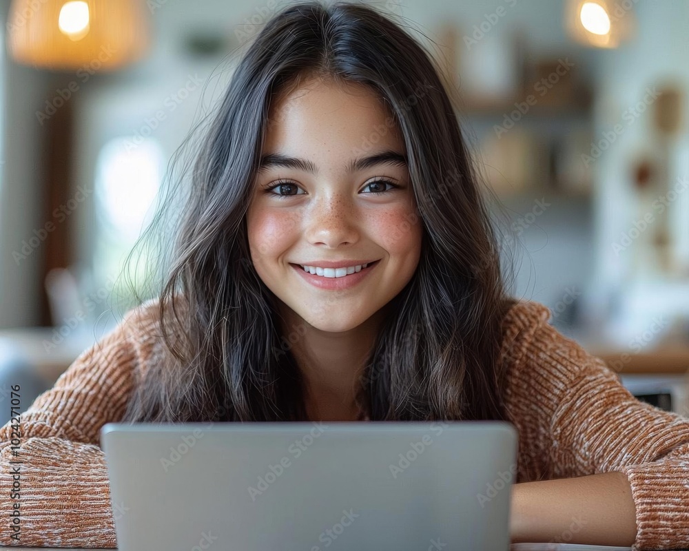 Cheerful girl with long hair smiling at laptop, enjoying technology in a cozy home environment. Cheerful girl with long hair smiling at laptop, enjoying technology in a cozy home environment.