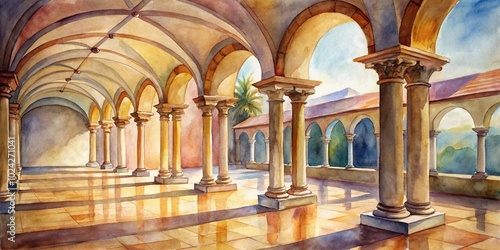 Watercolor painting of arcades with columns and arches
