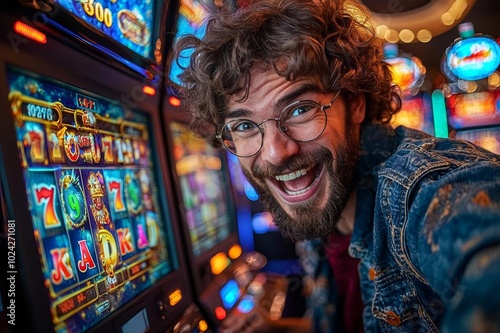 Cheerful man enjoying a fun moment at a colorful casino slot machine, showcasing excitement and joy in gaming. photo