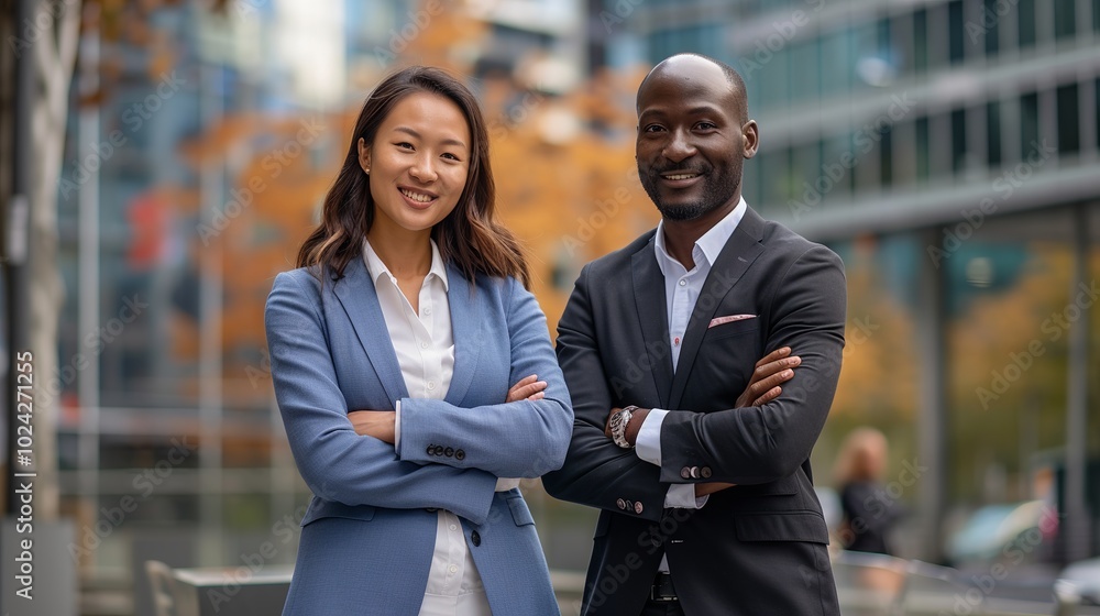 Happy multi-ethnic business couple posing confidently with arms crossed in modern professional office setting Happy multi-ethnic business couple posing confidently with arms crossed in modern professional office setting