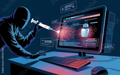 Cyberattack in Progress: Hacker injecting malware into a computer system, depicted in a dramatic, vector illustration.  