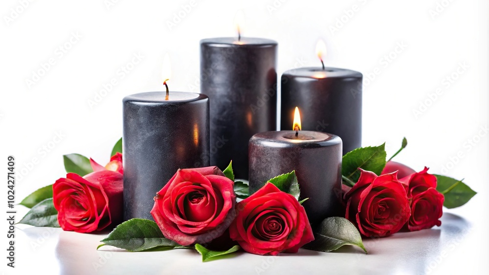 Watercolor painting of black candles and roses on a white background with a tilted angle Watercolor painting of black candles and roses on a white background with a tilted angle