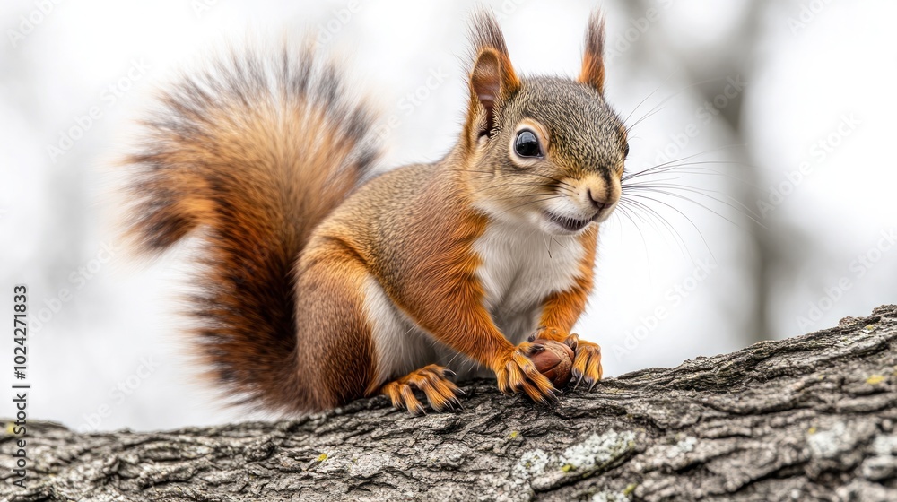 Fototapeta premium A curious red squirrel with a bushy tail sits on a tree branch, holding a nut in its paws.