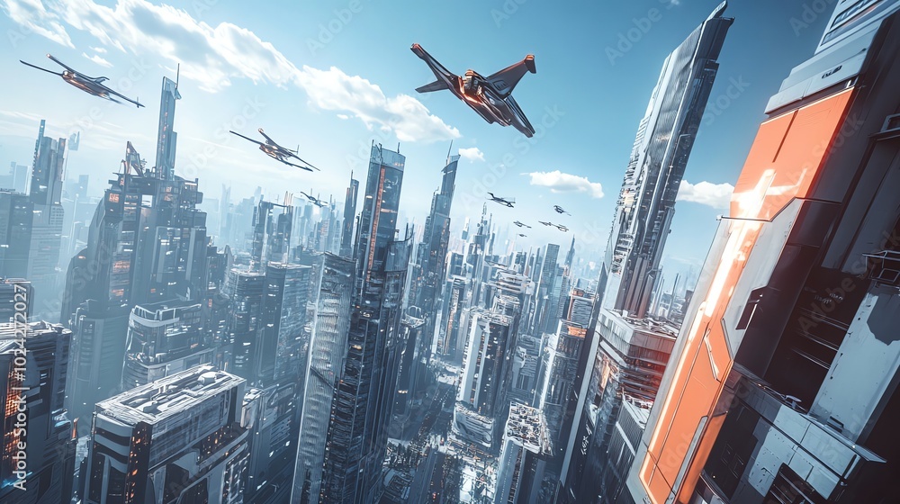 Futuristic cityscape with flying aircraft and a bright blue sky.