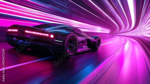 A futuristic car drives through a neon tunnel, leaving streaks of light in its wake.