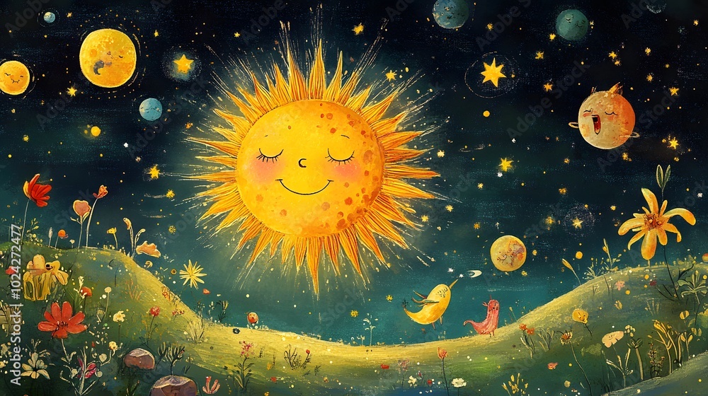 A Smiling Sun and Other Celestial Beings in a Night Sky with Flowers A Smiling Sun and Other Celestial Beings in a Night Sky with Flowers