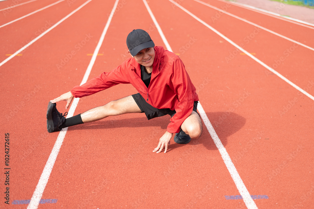 Young cool Asian men in sportswear stretching in sports fields in various poses in bright sunny morning to maintain health and healthy lifestyle. morning exercise healthy and active living concept Young cool Asian men in sportswear stretching in sports fields in various poses in bright sunny morning to maintain health and healthy lifestyle. morning exercise healthy and active living concept