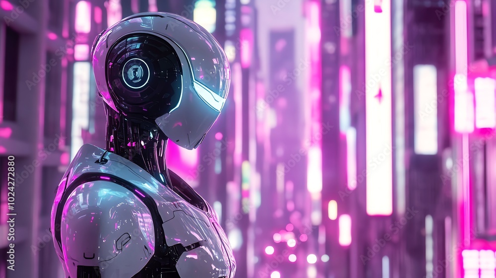 Fototapeta premium A humanoid robot stands in a futuristic city with glowing neon lights.