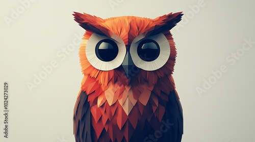 Abstract owl composed of basic circular shapes for the head and body, with simple ovals for wings and eyes, set against a light grey background. Focus on clean lines and geometric balance, photo