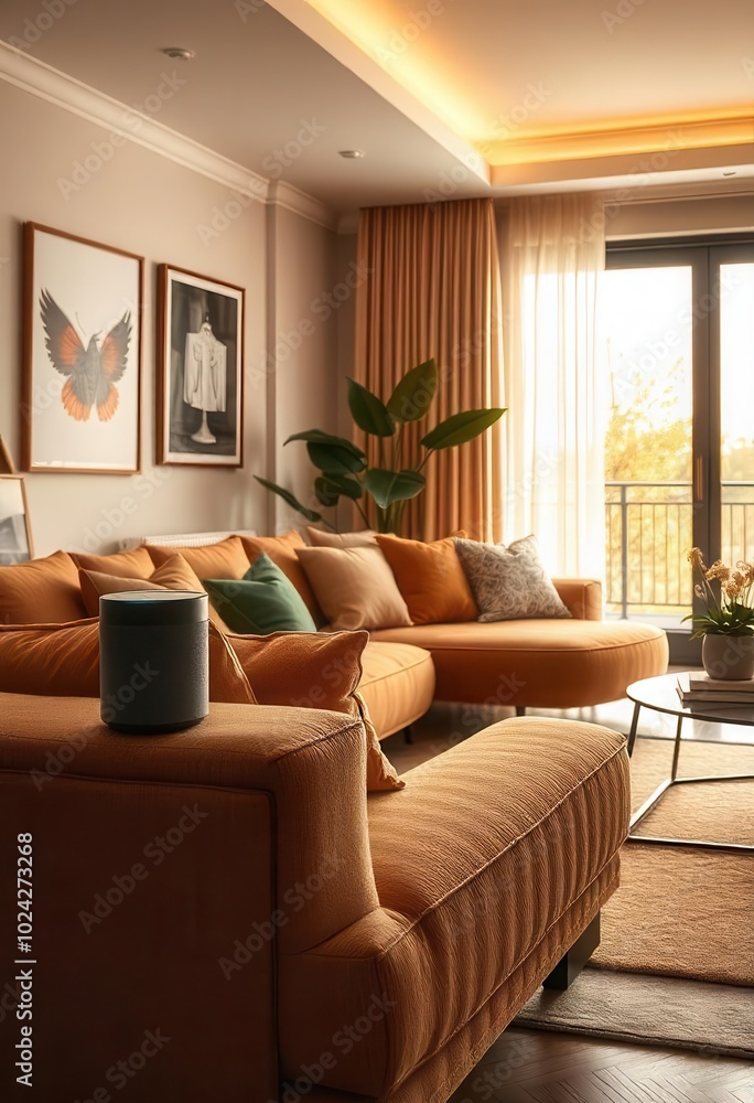 Fototapeta premium Elegant Living Room with Modern Decor and Bright Natural Lighting