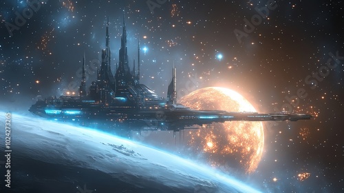 A futuristic, imposing spaceship hovers above a planet with a large, glowing star in the background.