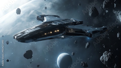 A futuristic spaceship soars through an asteroid field in deep space.