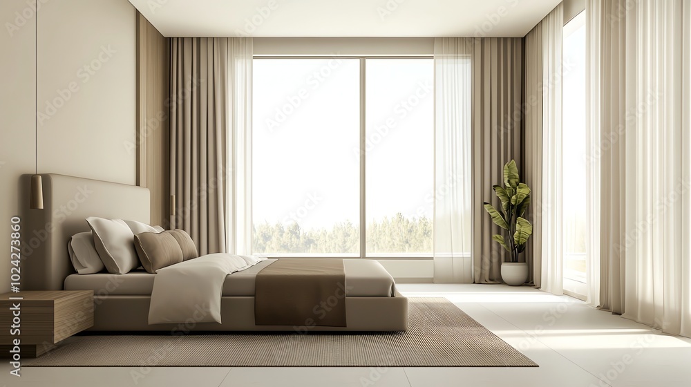 Modern bedroom with large windows and a stylish bed. Modern bedroom with large windows and a stylish bed.
