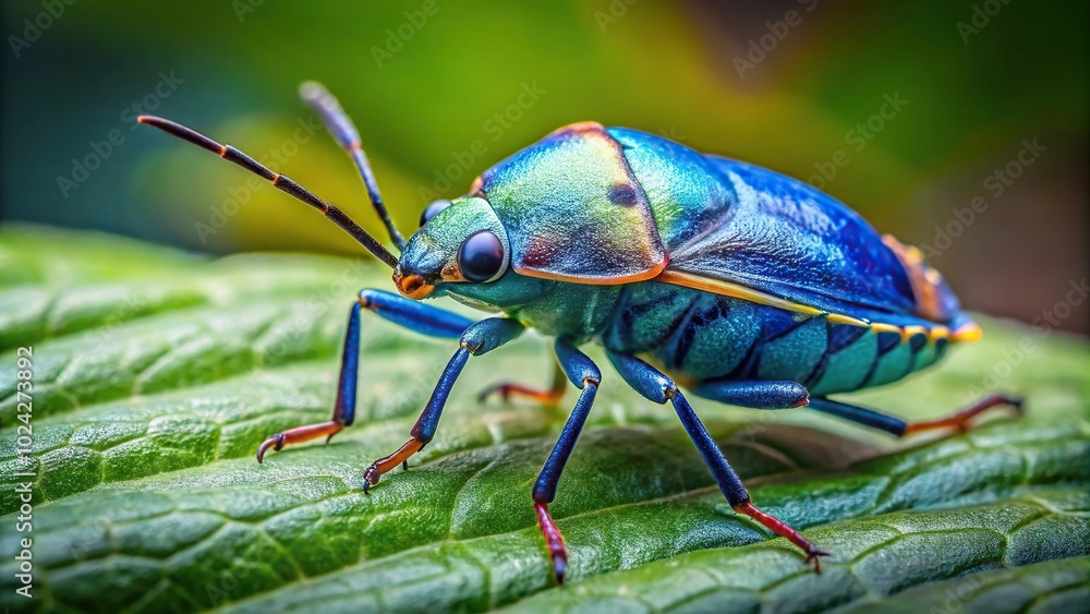 Close-up of a blue shield bug on a leaf, macro photography Close-up of a blue shield bug on a leaf, macro photography