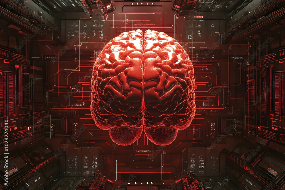 Red Brain in Circuitry - 3D Illustration Red Brain in Circuitry - 3D Illustration