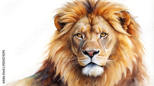 Watercolor painting of lion close-up isolated on white background