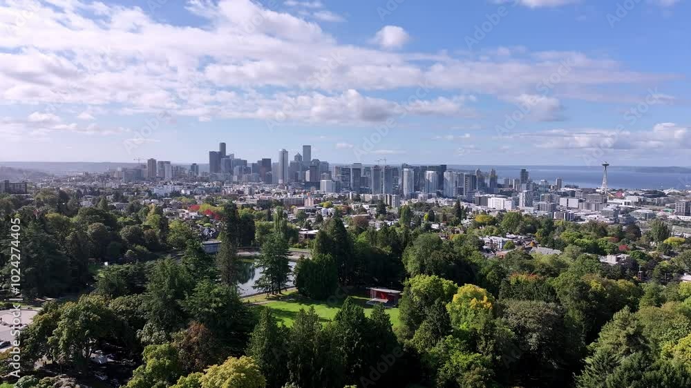 Volunteer Park Overlooking Panoramic Views Of The City In Seattle, Washington, United States. Aerial Shot Volunteer Park Overlooking Panoramic Views Of The City In Seattle, Washington, United States. Aerial Shot