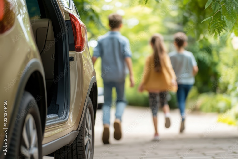 Car Door Open, Blurred Children Walking Away Car Door Open, Blurred Children Walking Away