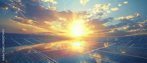 Sunset over a vast field of solar panels, a beautiful and sustainable source of energy.