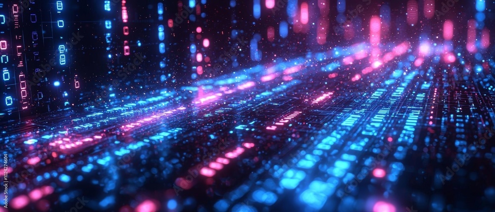 Vibrant digital data flow illuminated in blue and pink tones, representing advanced technology and modern communication. Vibrant digital data flow illuminated in blue and pink tones, representing advanced technology and modern communication.