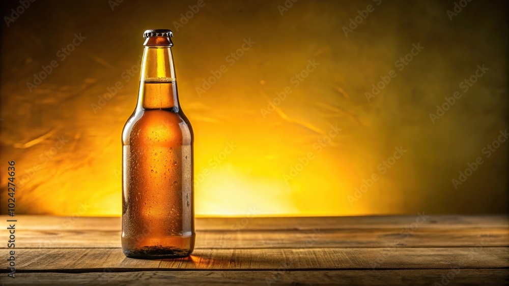 Close-up of a full beer bottle on table from low angle view in yellow tone Close-up of a full beer bottle on table from low angle view in yellow tone