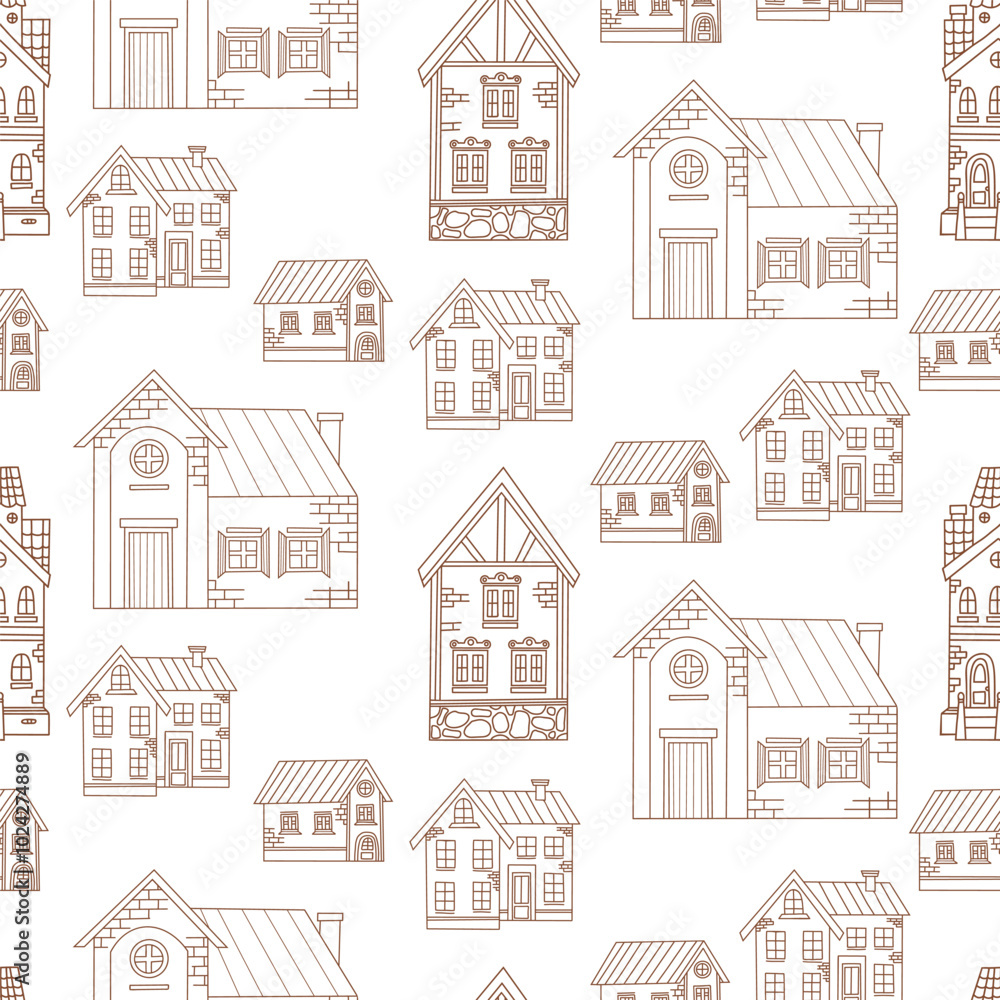 Seamless pattern houses on white background. Vector illustration. Hand outline drawing doodle Seamless pattern houses on white background. Vector illustration. Hand outline drawing doodle