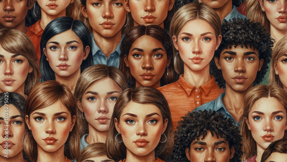 A large set of faces of young people of different nationalities. Seamless drawn creative pattern A large set of faces of young people of different nationalities. Seamless drawn creative pattern