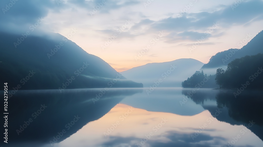 A serene lake with misty mountains and a reflecting sky in the early morning light. A serene lake with misty mountains and a reflecting sky in the early morning light.