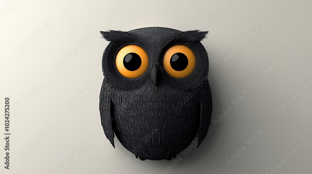 Naklejka premium Abstract owl illustration using only circular and oval shapes, with large round eyes and a smooth oval body, set against a muted grey background. Simple and clean layout, flat colors, no textures,