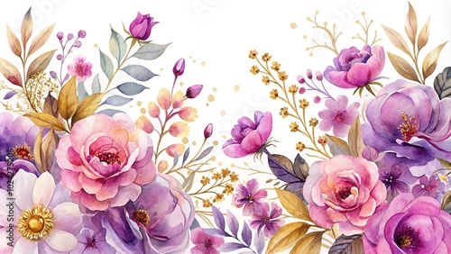 Fototapeta Naklejka Na Ścianę i Meble -  watercolor painting of purple and pink flowers with gold accents on white background