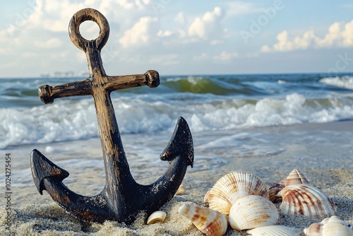 A weathered wooden anchor lies on a tranquil shore, embraced by seashells and soft waves, exuding serene nautical charm.