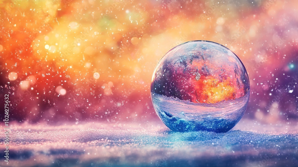 Enchanting snow globe on a snowy surface with vibrant, colorful bokeh lights in the background, creating a magical winter wonderland atmosphere. Enchanting snow globe on a snowy surface with vibrant, colorful bokeh lights in the background, creating a magical winter wonderland atmosphere.