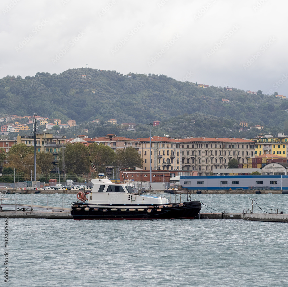 detail of italian pilot boat in the gulf of la spezia, italy detail of italian pilot boat in the gulf of la spezia, italy