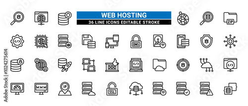 36 Web Hosting Line Icons Set Pack Editable Stroke Vector Illustration.