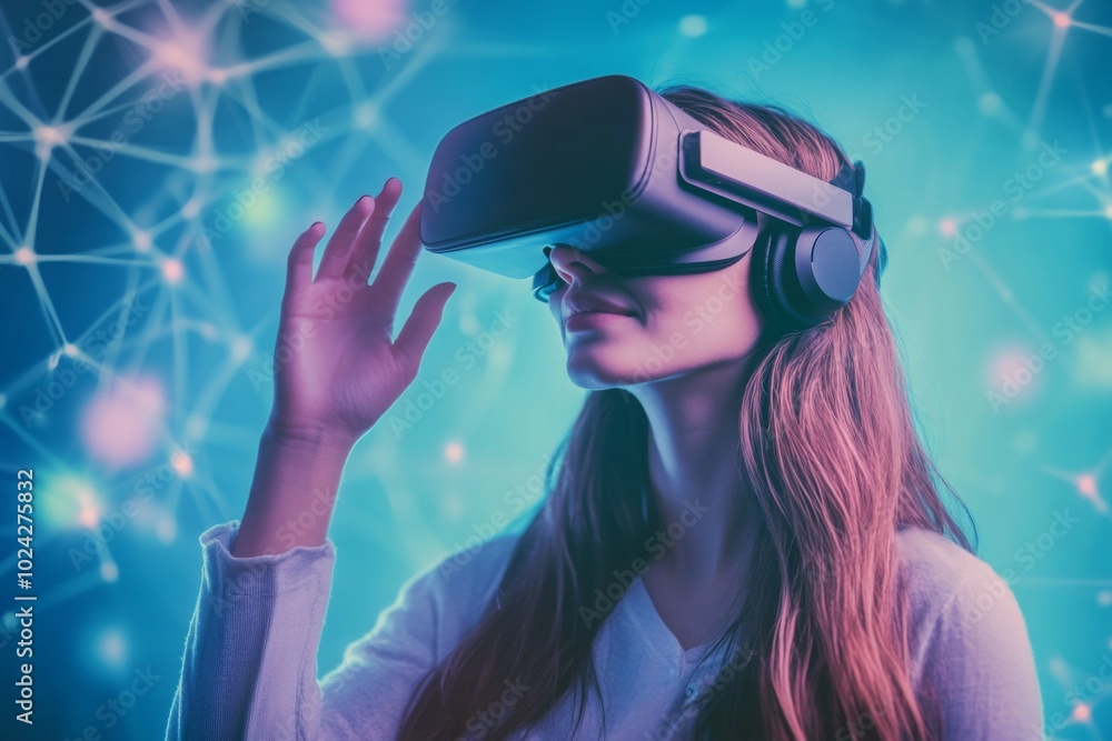 Woman Wearing VR Headset with Neon Lights Background Woman Wearing VR Headset with Neon Lights Background