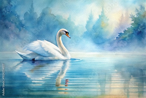 Fototapeta Naklejka Na Ścianę i Meble -  watercolor painting of swan floating in water at low angle view