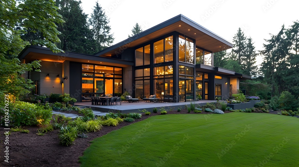 Striking modern house with expansive glass walls and large windows overlooking a beautifully landscaped garden featuring a tranquil and serene outdoor living space Striking modern house with expansive glass walls and large windows overlooking a beautifully landscaped garden featuring a tranquil and serene outdoor living space