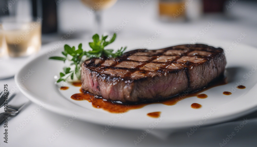 Perfectly grilled steak on a white plate at a luxury restaurant, set against a bright background. Perfectly grilled steak on a white plate at a luxury restaurant, set against a bright background.