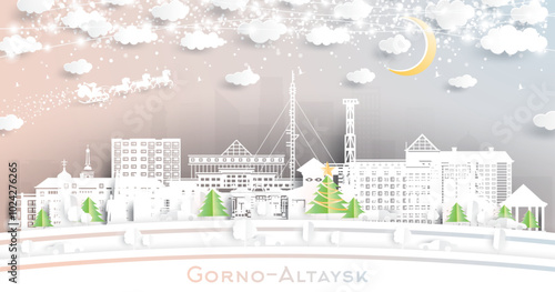 Gorno-Altaysk Russia. Winter city skyline in paper cut style with snowflakes, moon and neon garland. Christmas and new year concept. Santa Claus on sleigh. Gorno-Altaysk cityscape with landmarks. photo