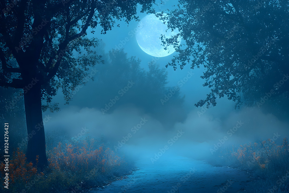 Night Forest Illustration with Full Moon and Foggy Stream Night Forest Illustration with Full Moon and Foggy Stream