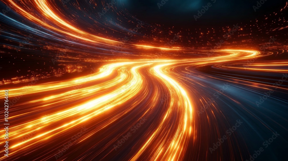 Abstract light trails in a dark background with a futuristic city in the distance. Abstract light trails in a dark background with a futuristic city in the distance.