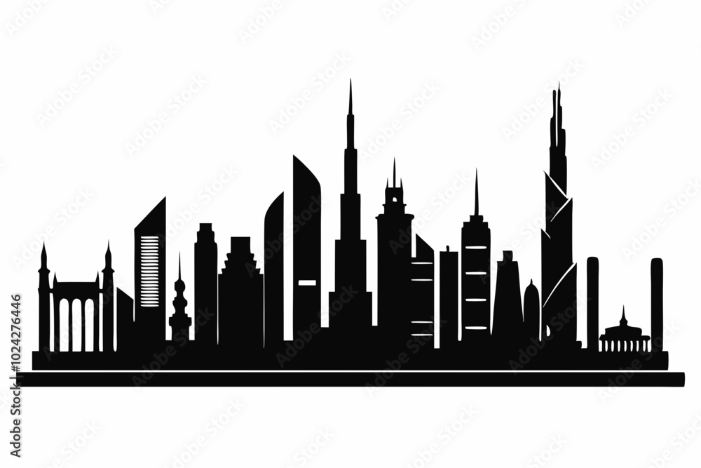 Dubai City Skyline Silhouette, City Buildings Black Silhouette Vector, Dubai Skyline Cityscape Silhouette Dubai City Skyline Silhouette, City Buildings Black Silhouette Vector, Dubai Skyline Cityscape Silhouette