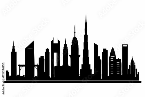 Dubai City Skyline Silhouette, City Buildings Black Silhouette Vector, Dubai Skyline Cityscape Silhouette