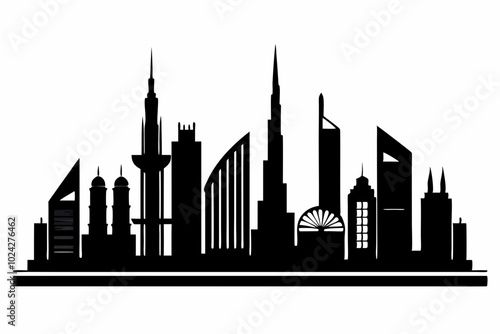 Dubai City Skyline Silhouette, City Buildings Black Silhouette Vector, Dubai Skyline Cityscape Silhouette