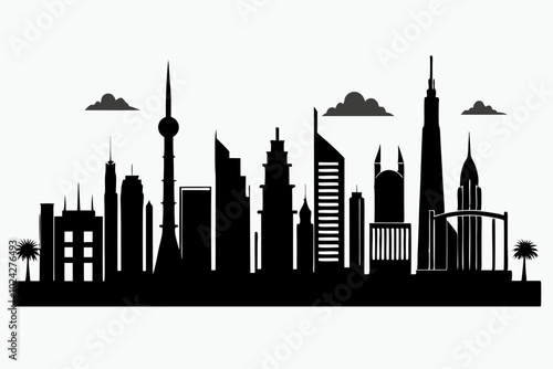 Dubai City Skyline Silhouette, City Buildings Black Silhouette Vector, Dubai Skyline Cityscape Silhouette