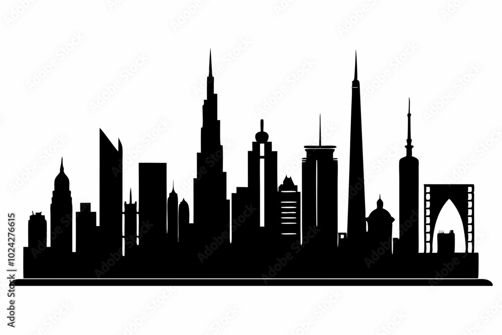 Dubai City Skyline Silhouette, City Buildings Black Silhouette Vector, Dubai Skyline Cityscape Silhouette Dubai City Skyline Silhouette, City Buildings Black Silhouette Vector, Dubai Skyline Cityscape Silhouette
