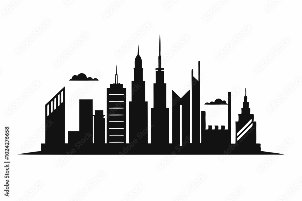 Fototapeta premium Dubai City Skyline Silhouette, City Buildings Black Silhouette Vector, Dubai Skyline Cityscape Silhouette