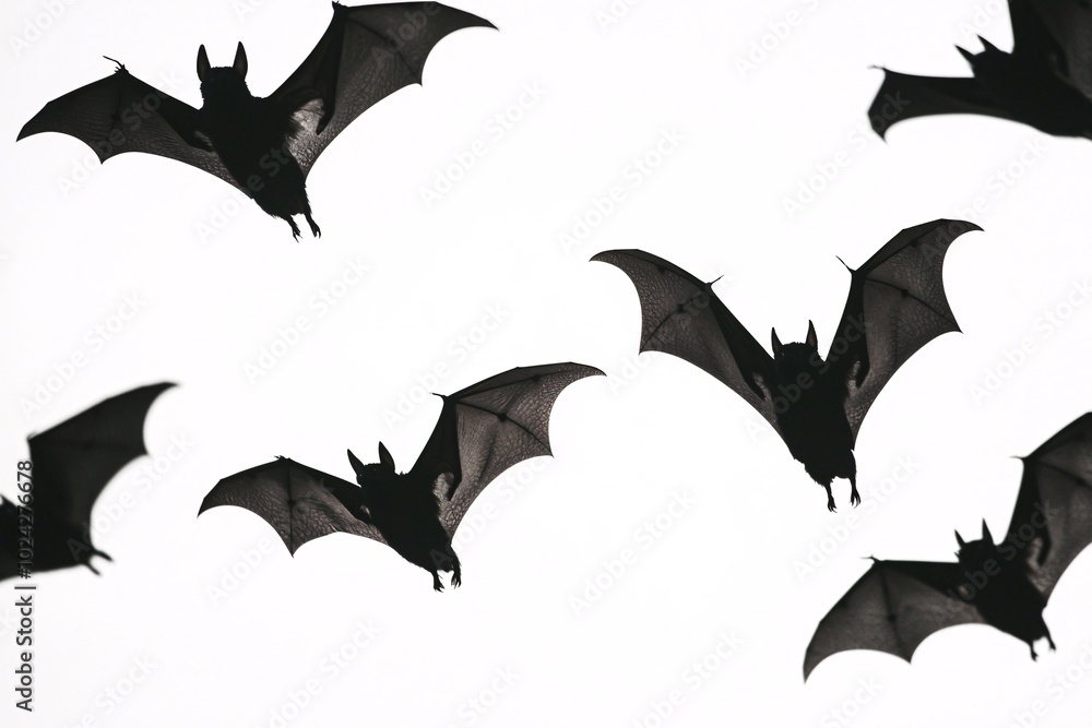 Bats soaring through the air cast a captivating shadow on a light backdrop, ideal for eerie Halloween visuals or haunting design concepts. Bats soaring through the air cast a captivating shadow on a light backdrop, ideal for eerie Halloween visuals or haunting design concepts.
