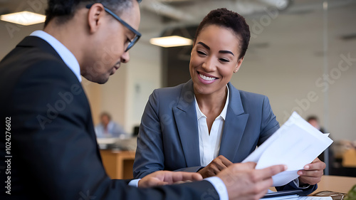 Smiling African female financial advisor, attorney lawyer or bank manager consulting male client investor reading document at business meeting reviewing legal paper planning taxes working in a office. photo