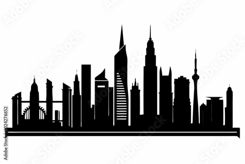 Dubai City Skyline Silhouette, City Buildings Black Silhouette Vector, Dubai Skyline Cityscape Silhouette